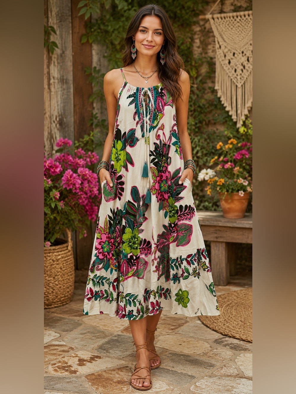 ⛱️ H099 Nwt Jaded Gypsy OS ptp23 Cream Midi Dress Pink & Green Floral Print